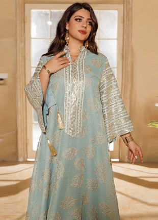 Muslim Women's Light Blue Islamic Embroidered Abaya with Gold Detailing Ideal for Formal Events in Middle East like UAE Saudi