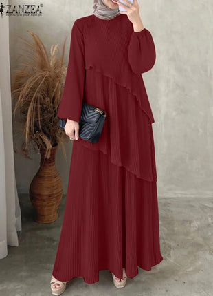 ZANZEA Patchwork Lantern Sleeve Abaya Robes Women Plisse Layered Elegant Maxi Dress Muslim Fashion Islamic Hijab Pleated Dress