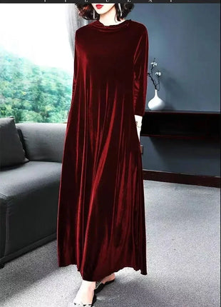 Elegant Long Sleeve Velvet Dress Autumn Spring New Style Puffy Collar Slimming Tummy Covering Mid-Length Gown Princess Sleeve