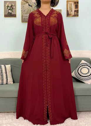 Muslim Chiffon Abayas For Women 2024 Dubai Islam Loose Fit  Femme Robe Long Sleeved Diamond Studded Solid Color With Belt Turban