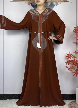 2024 Muslim Abaya For Women Long Sleeved Chiffon Diamonds Loose Fit Femme Robe Islam Maxi Dubai Fashion Party Dresses With Scarf