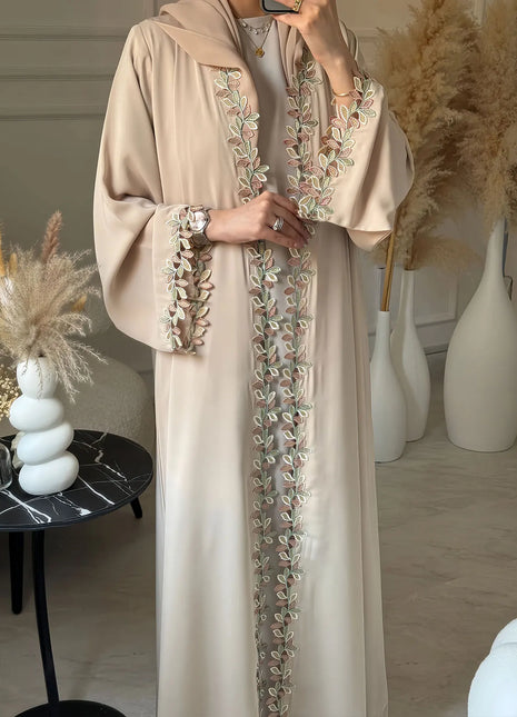 Dubai Elegant Beige Abaya for Muslim Women - Intricately Crafted with Multicolored Embroidery Piece in Islamic Modest Fashion