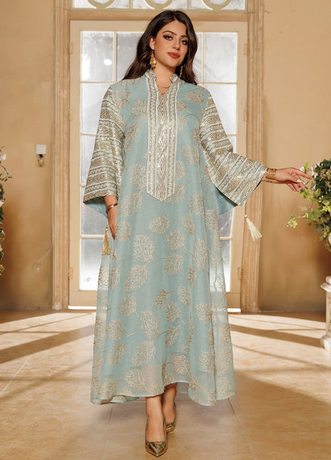 Muslim Women's Light Blue Islamic Embroidered Abaya with Gold Detailing Ideal for Formal Events in Middle East like UAE Saudi