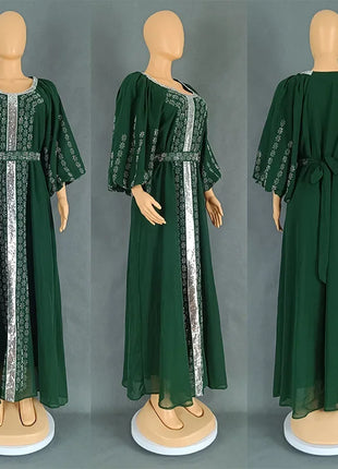 Abaya Muslim Women Party Dresses Chiffon Sequins Jalabiya Ramadan Eid Morocco Islam Sashes Vestidos Arab Long Robe Dubai Kaftan