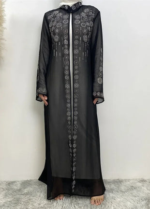 Diamond for Muslim Women Chiffon Open Cardigan Abaya Kimono Maxi Dress Turkey Dubai Arab Kaftan Eid Party Morocco Gowns Jalabiya