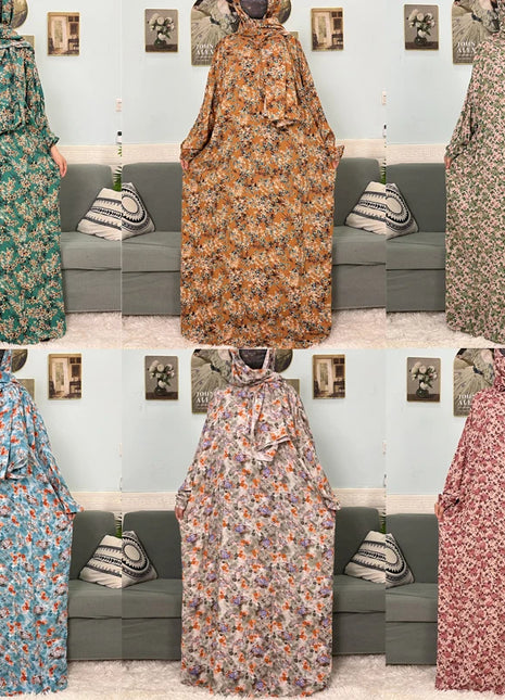 Muslim Cotton Abayas For Women Traditional Floral Ramadan Prayer Garment African Caftan Marocain Femme Robe Connected Headscarf