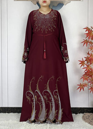 New Muslim Fashion Women Dress Chiffon Diamond Long Sleeves Casual Clothing African Abaya Women Robe Dubai Turkey Islamic Robe