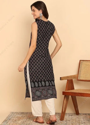 Indian Ethnic Style Women's Black Green Cotton Kurta Tunic Top Sleeveless Paisley Print Summer Wear Casual Kurti Dress