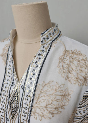 Muslim Women's Light Blue Islamic Embroidered Abaya with Gold Detailing Ideal for Formal Events in Middle East like UAE Saudi