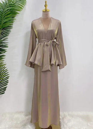 Ramadan Satin Abaya Dubai Turkey Islam Muslim Modest Dress Sets Prayer Clothes For Women Kaftan Robe Femme Musulmane