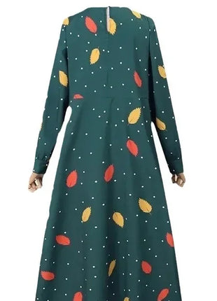 Muslim Leaf Pattern Long Sleeve Dress for Women Casual Bohemian Polka Dot Print Holiday Muslim Dress Full Length Abayas Dubai