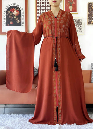 2024 Women Party Dress Chiffon Open Abaya Golden Stones Muslim Women Dress Islamic Clothing Cardigan Abaya Women Muslim Dress