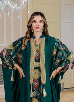 Eid Muslim 2 Piece Set Women Embroidery Dresses Open Abaya Suit Jalabiya Ramadan Dubai Kaftan Party Vestidos Cardigan Robe 2025