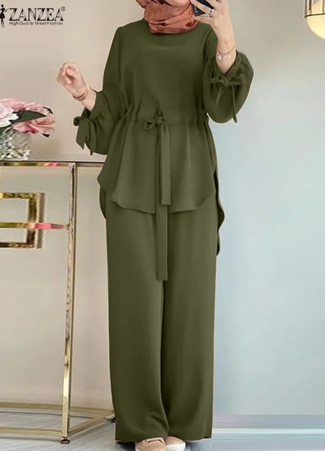 ZANZEA Muslim Women Matching Sets Long Sleeve Solid Color Tops And Loose Pant Suits Elegant Fashion Casual Tracksuit Kaftan 2025