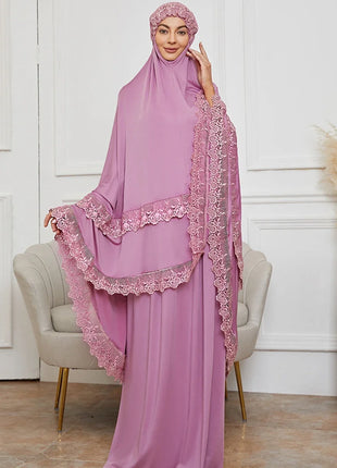 Ramadan  Long Khimar Muslim Abaya Women Prayer Garment Saudi Prayer Dress Lace Trim Silky 2 Piece Skirt Sets Eid Niqab jilbab