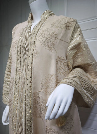 Muslim Women's Light Blue Islamic Embroidered Abaya with Gold Detailing Ideal for Formal Events in Middle East like UAE Saudi