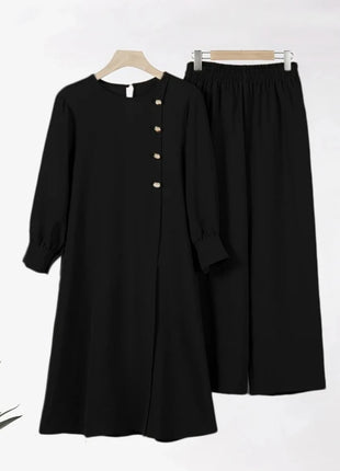 Ramadan Women Eid Muslim Two Pieces Set Split Blouse & Pant Musulman Ensemble Button Shirt Pants Matching Sets Femme Abaya 2024