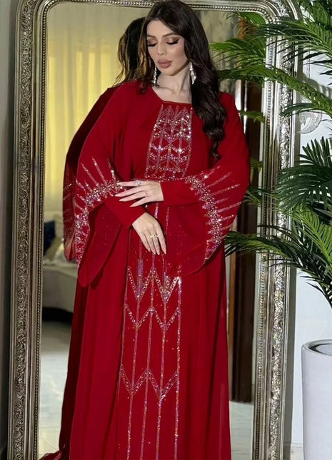 Eid Muslim Party Dress for Women Fake 2 Piece Diamond Ramadan Abaya Belt Flare Sleeve Kaftan Vestidos Largos Dubai Robe Jalabiya