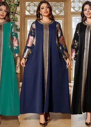 Ramadan Muslim Women's Gold Stamping Petal Sleeve Abaya O-Neck Stripe Dubai Dresses For Women Gala