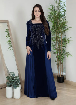 Women Dubai Arab Muslim Velvet Chiffon Splicing Diamond Evening Dress Jalabia Women's Clothing Abaya Robe