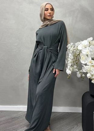 2025 Fashion Dubai Solid Belt Long Dresses For Muslim Woman Elegant Casual Marocain Islam Saudi Plain Caftan Turkish Clothing