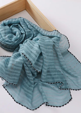 New Designs Cotton Linen hajib Scarf Stripe Islamic Ladies Head Scarf Headwear Lace Malaysian Women's Scarves Ramadan Turban