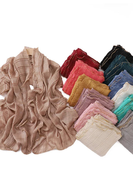13 Color 80*180cm New Simple Silver Wire Wrinkle Plaid Solid Color Chain Gold Border Scarf Muslim Women Hijab Wrap Ramadan Islam