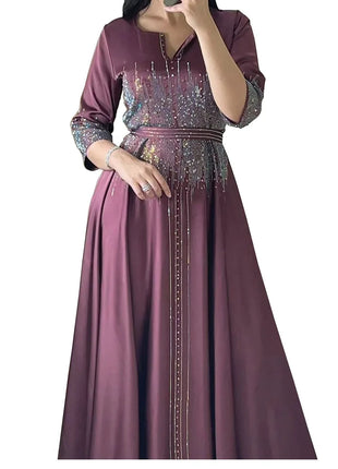 Muslim Satin Dress for Women Fashion Diamond Evening Dress Abaya Dubai Dinner Robe Muslim Dress Women Clothes for Muslim Women