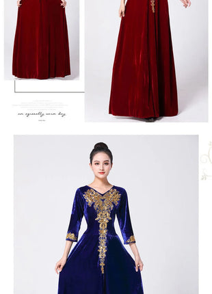 Ladies Golden Velvet Choral Performance Costumes Women Performance Costume Long Dresses Autumn Female Large Size 6XL Maxi Dress