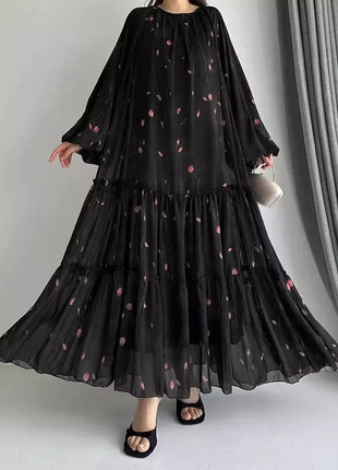 Eid Muslim Abaya Dress for Women Print Chiffon Sashes Jalabiya Kaftan Islam Vestidos Largo Arab Long Robe Ramadan Morocco Abayas