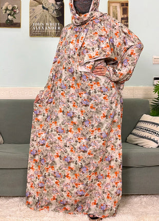 Muslim Cotton Abayas For Women Traditional Floral Ramadan Prayer Garment African Caftan Marocain Femme Robe Connected Headscarf