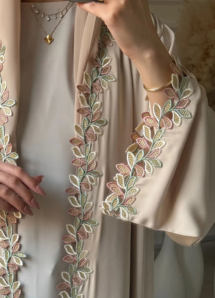 Dubai Elegant Beige Abaya for Muslim Women - Intricately Crafted with Multicolored Embroidery Piece in Islamic Modest Fashion