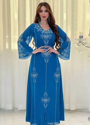 Women's Long Sleeve Polyester Abaya — Diamond Detail V-Neck Dress
