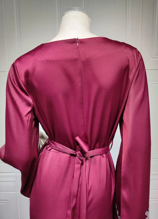 Elegant Satin Evening Gown Muslim Dress Women Abaya Long Sleeve Turkish Dresses Stylish Diamond Women Maxi Dress Dubai Kaftan