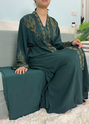 Muslim Open Abayas For Women 2024 Pure Chiffon Zipper Diamonds Loose Femme Robe Islam Dubai Boubou Moroccan Caftan With Turban