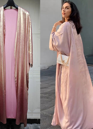Shiny Satin Open Kimono Abaya 2025 Ramadan Dubai Luxury Muslim Kaftan Dress for Women Islam Clothing Robe Femme Musulmane