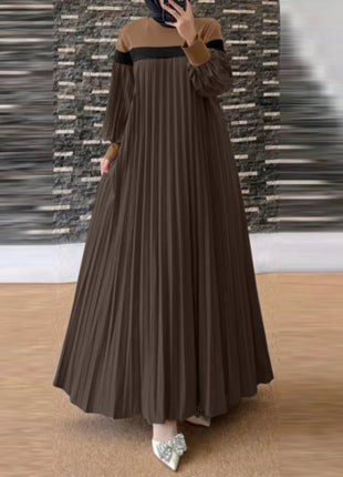 ZANZEA Autumn Women Muslim Dress Turkey Abaya Elegant Long Lantern Sleeve Patchwork Sundress Pleated Vestidos Islamic Dubai Robe