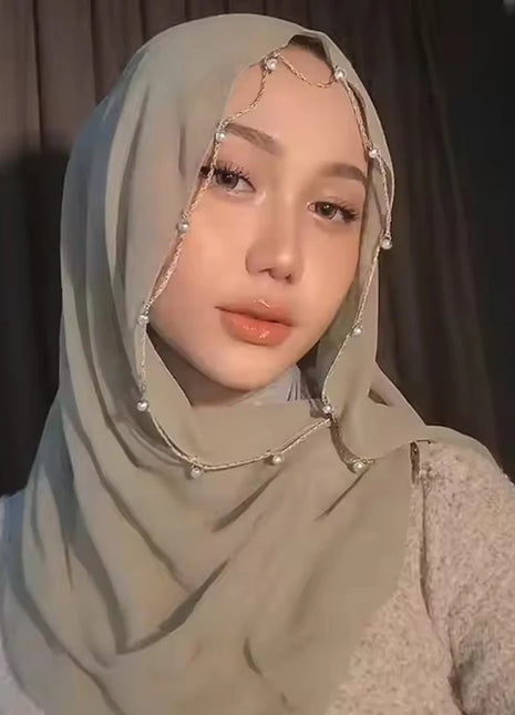 Pearls Beading Chiffon Hijab Scarf Woman Muslim Hijab Sweet Girl Hair/Headband Long Wraps Islam Turban Malaysian Headscarf