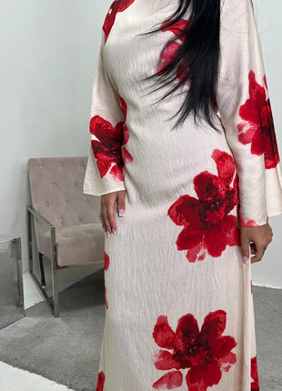 Arabesque Bell Sleeve Flowy Maxi Abaya Dress Elegant Floral Print Muslim Modest Long Dress Islamic Vacation Outfit Summer Robe