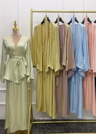 Ramadan Satin Abaya Dubai Turkey Islam Muslim Modest Dress Sets Prayer Clothes For Women Kaftan Robe Femme Musulmane