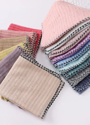 New Designs Cotton Linen hajib Scarf Stripe Islamic Ladies Head Scarf Headwear Lace Malaysian Women's Scarves Ramadan Turban