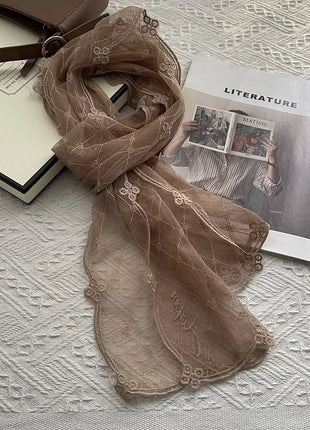 Court Style Embroidery Flower Lace Scarf Long Silk Women's Spring Summer Seaside Vacation Shawl Headscarf