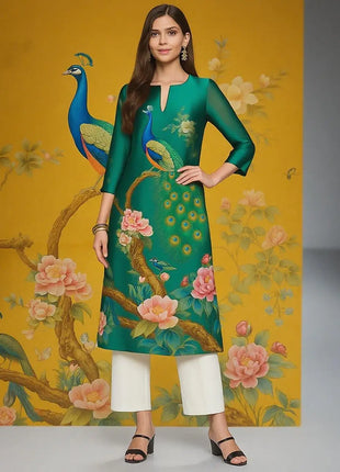 Muslim Women's Kurt Fashionable And Elegant Long Sleeved Straight Tube Casual Kurtta Peacock Pattern Kaftan Marroqui Mujer