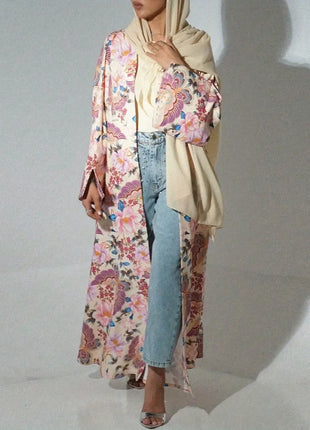 Middle Eastern Women Loose Abaya Muslim Full Sleeve Printed Floral Open Front Abayas Jilbabs Islamic Maxi Dresses Turkey Kaftans