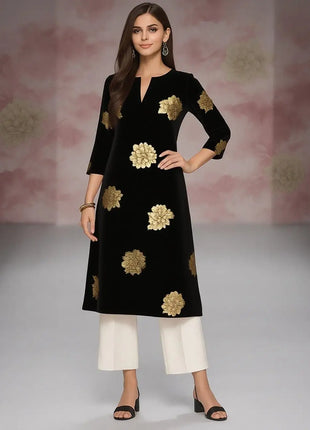 Muslim Kurt Casual Fashion Dress Long Sleeved Straight Tube Casual Ethnic Flower Abaya Women Muslim Dress flower sleeve abaya