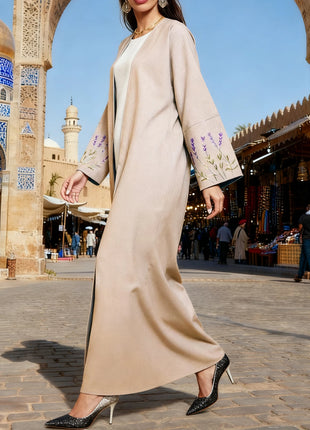 Women Abaya Muslim Kaftan Floral Embroidery Sleeves Maxi Length Ramadan Dress Jilbabs Open Front Abayas Outwear Cardigan Coats