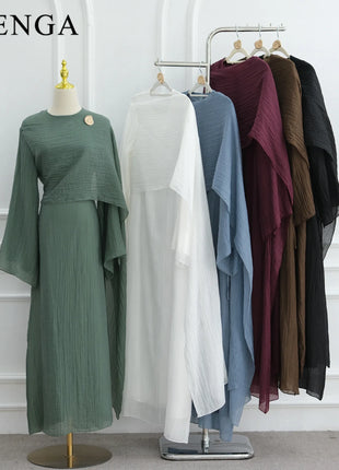 Two Piece Middle East Muslim Cardigan Set for Women Ramadan Eid Dubai Modest Abaya Dress Elegant Islam Solid Turkey Robe Outfit