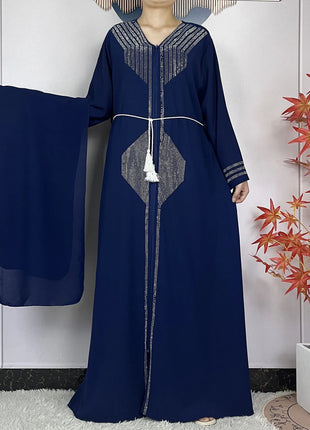 2024 Muslim Abaya For Women Long Sleeved Chiffon Diamonds Loose Fit Femme Robe Islam Maxi Dubai Fashion Party Dresses With Scarf
