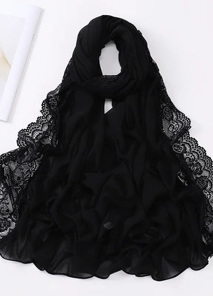 Women Hijabs Muslim Scarf Summer New Pearl Chiffon Lace Solid Color Lady Head Scarf Malaysia Tourism Shawl Turban Wrap Wholesale