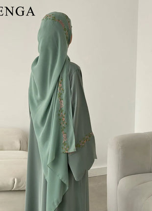 Luxurious Floral Embroidery Hijab Dress for Muslim Women Elegant Dubai Modest Abaya Eid Islam Party Jalabiya Turkey Kaftan Robe